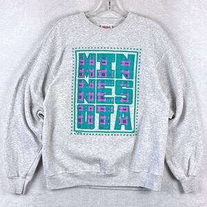 VTG 80s Minnesota Sweatshirt Womens L Gray Green Embossed Preppy Gym Mall USA